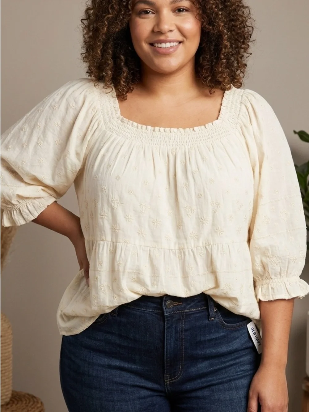Old Navy Cream Smocked Square-Neck Peasant Blouse